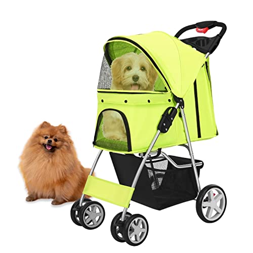 Flexzion Pet Stroller (Green) Dog Cat Small Animals Carrier Cage 4 Wheels Folding Flexible Easy to Carry for Jogger Jogging Walking Travel Up to 30 Pounds with Sun Shade Cup Holder Mesh Window