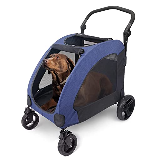 Pet Four-Wheeled Stroller Dog Trolley Cat Carts Foldable for Medium Large Dogs Outgoing (Blue)