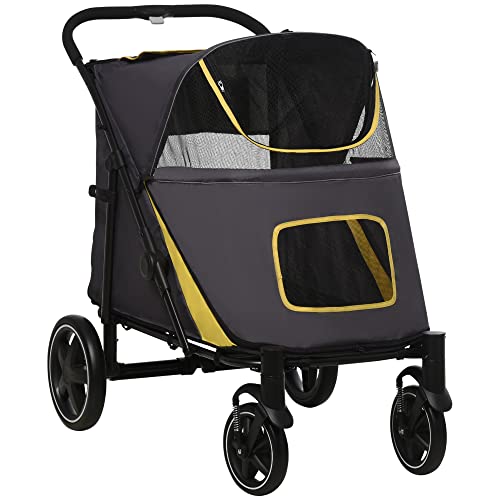 PawHut Pet Stroller 4 Wheel Dog Stroller Travel Carrier Adjustable Canopy for Medium and Large Dogs Grey